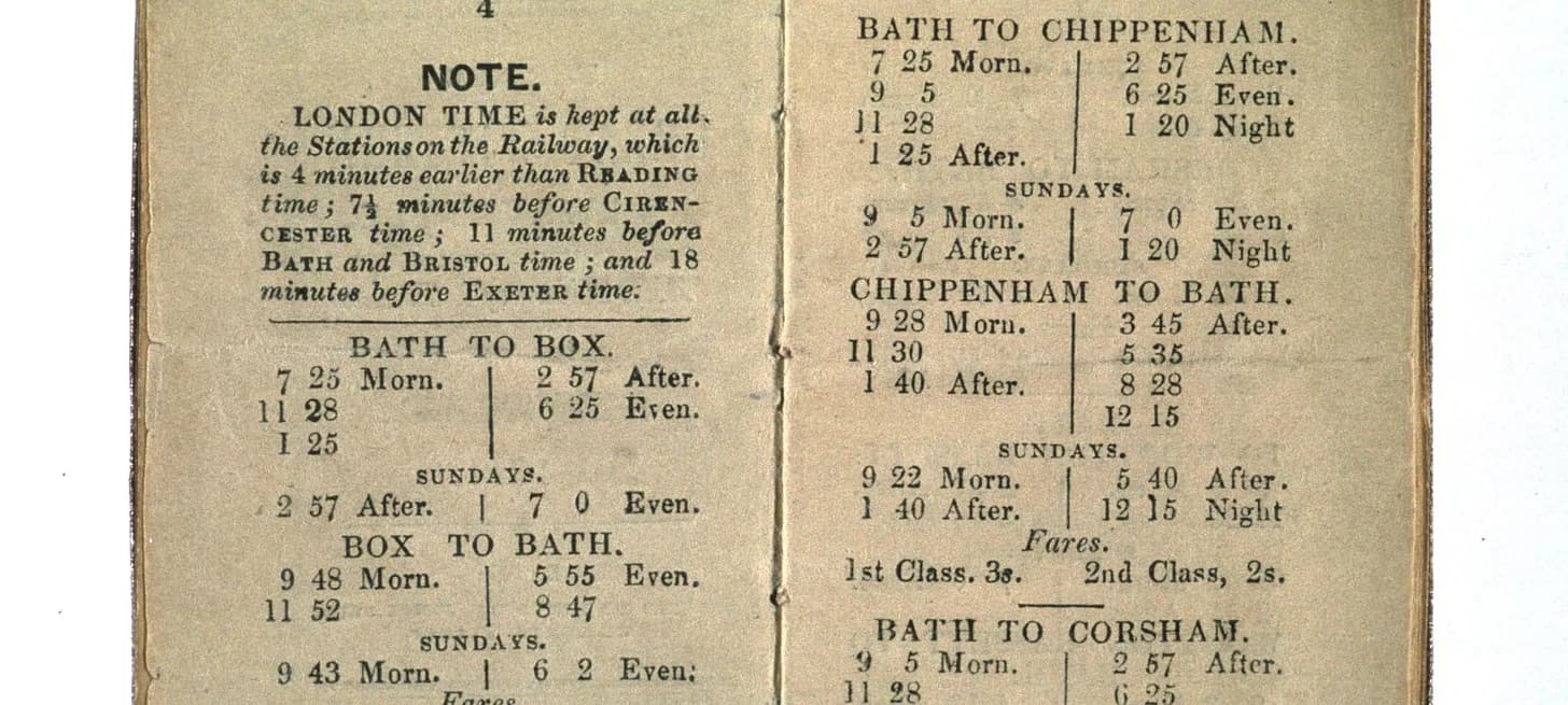 An 1840s Great Western Railway timetable, with a note explaining that London time is kept at all stations on the railway