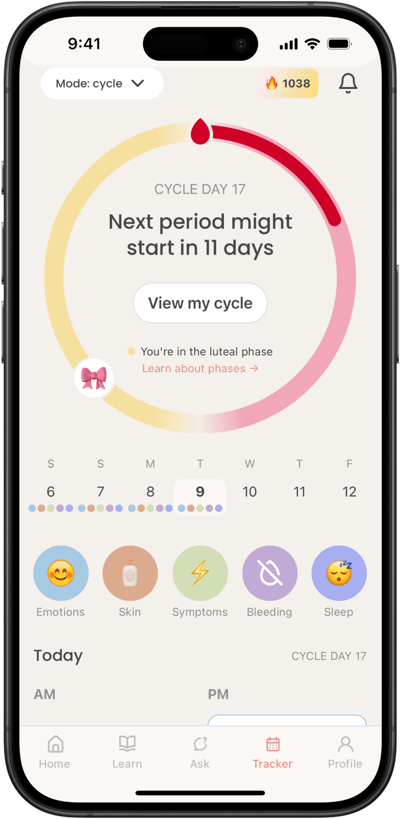 luna app — cycle tracking interface