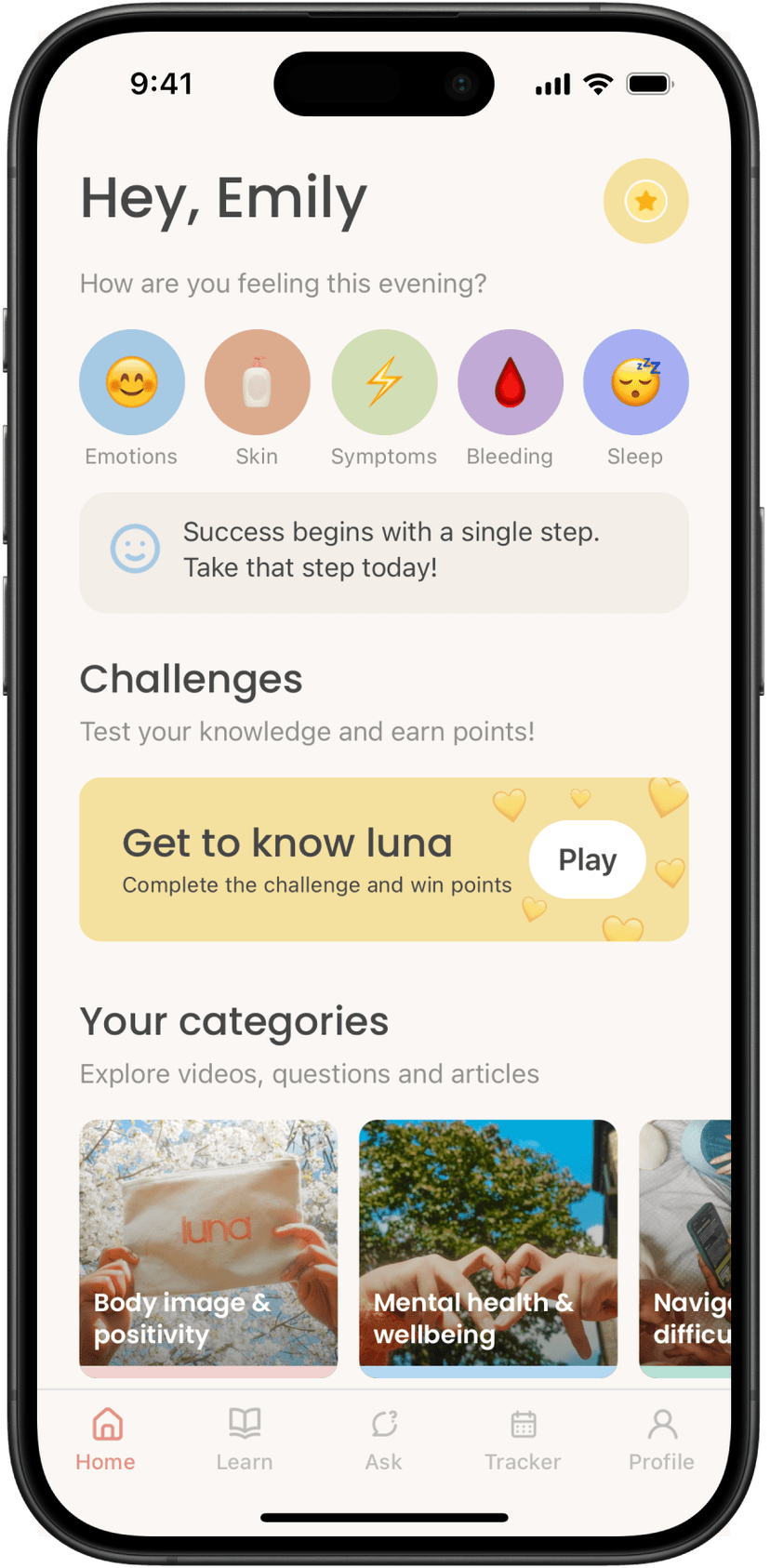 luna app — home screen showing challenges and categories
